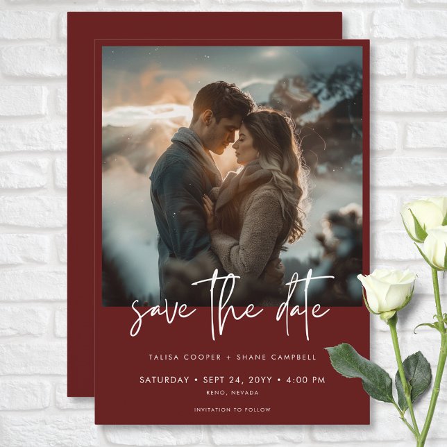 Minimal Dusty Burgundy Wine Modern Photo Wedding Save The Date (Minimal Dusty Burgundy Wine Modern Photo Wedding Save The Date)