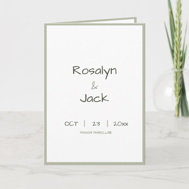 Minimal Dusty Green Casual Handwriting Wedding Program (Front)