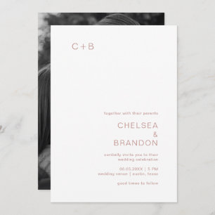 Minimal Dusty Rose Monogram Photo Modern Wedding Invitation