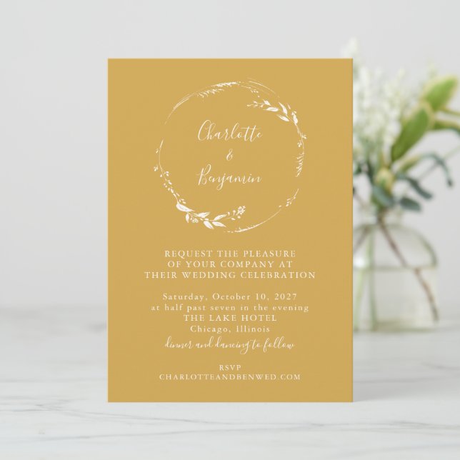 Minimal Dusty Yellow Floral Wreath Script Wedding Invitation (Standing Front)