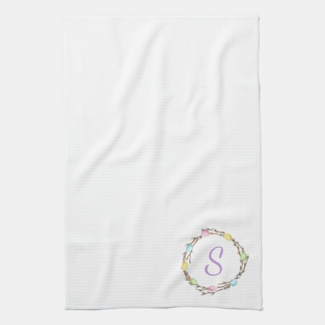 Minimal Easter Wreath Monogram And Easter Eggs Tea Towel (Vertical)