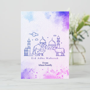 Minimal Eid al Adha Mosque and Animals Line Art  Holiday Card