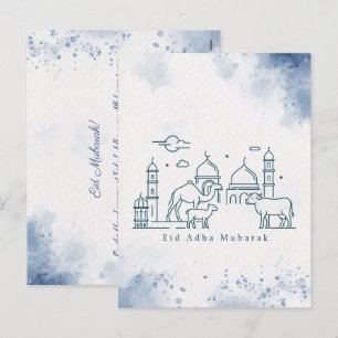Minimal Eid al Adha Mosque and Animals Line Art  Holiday Postcard