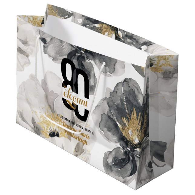 Minimal Eighty & Elegant Black Gold 80th Birthday Large Gift Bag (Front Angled)