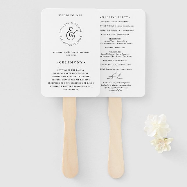 Minimal Elegance Simple Black and White Wedding  Hand Fan (Front and Back)
