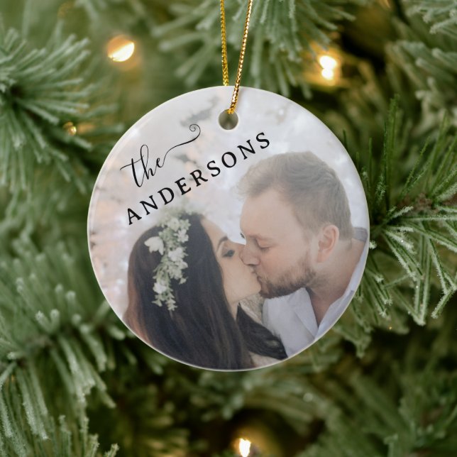 Minimal Elegant Angled Newlywed Photo Ceramic Ornament (Tree)