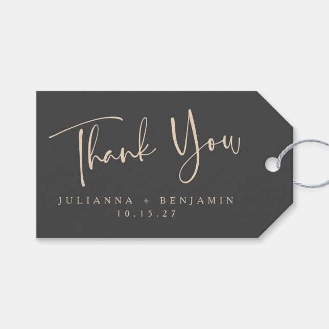 Minimal Elegant Black Script Wedding Personalised Gift Tags (Front (Horizontal))