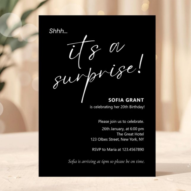 Minimal Elegant Black Surprise Party Invitation (Creator Uploaded)