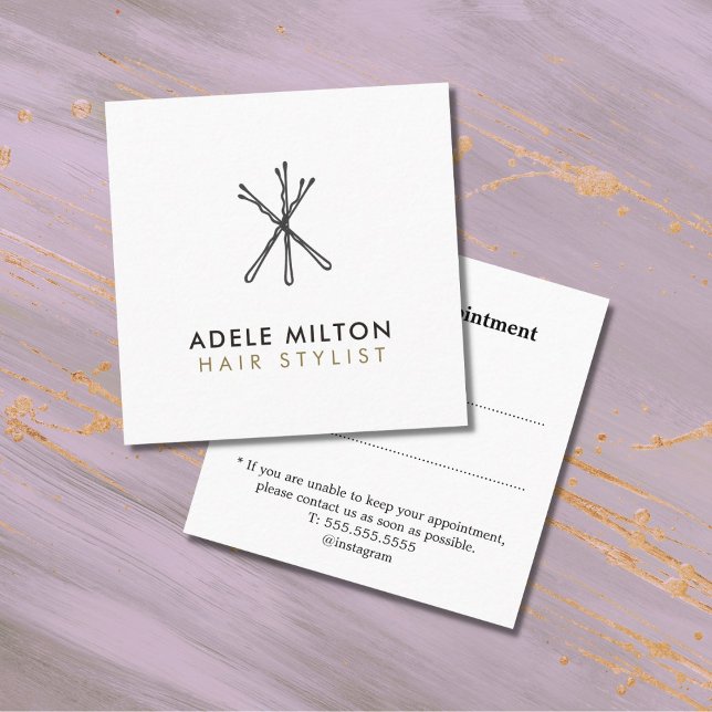 Minimal Elegant Black White Bobby Pins Hair Square Business Card (Creator Uploaded)