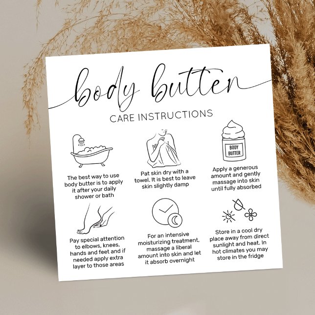 Minimal Elegant Black White Body Butter Care Cards (Minimal body butter application guide cards with care icons and elegant script fonts)