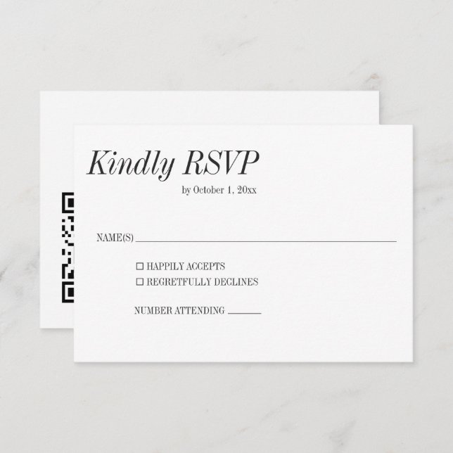 Minimal Elegant Black White Classic Wedding QR RSVP Card (Front/Back)