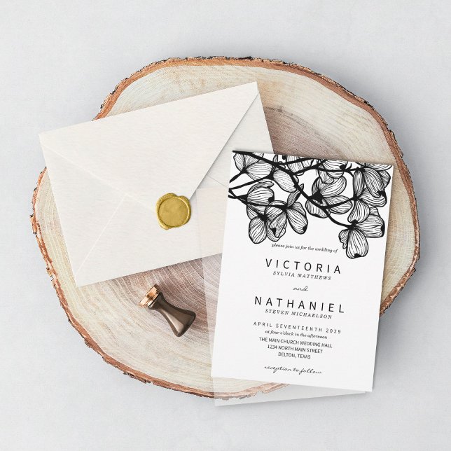 Minimal Elegant Black White Floral Summer Wedding Invitation (Creator Uploaded)