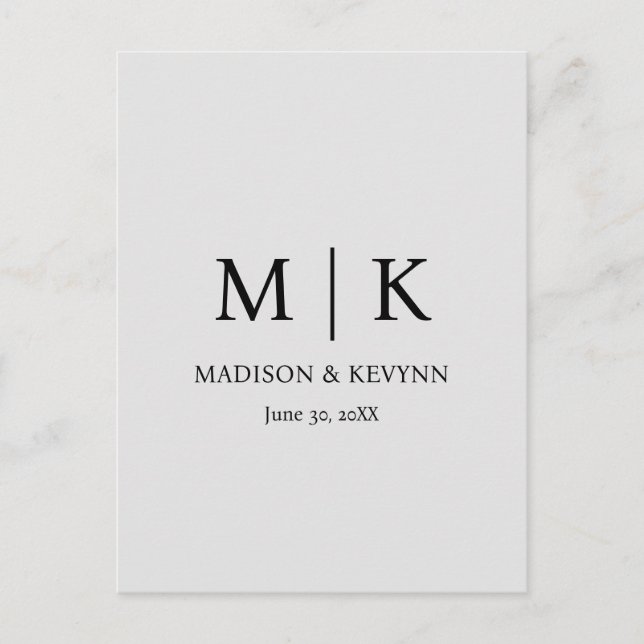 Minimal & Elegant Black & White Monogram Wedding Announcement Postcard (Front)
