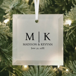 Minimal & Elegant Black & White Monogram Wedding Glass Tree Decoration