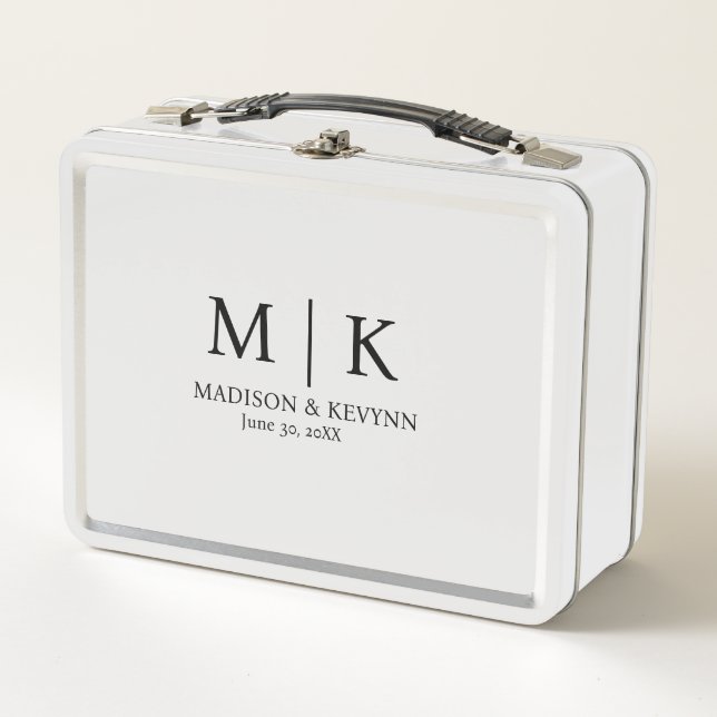 Minimal & Elegant Black & White Monogram Wedding Metal Lunch Box (Front)