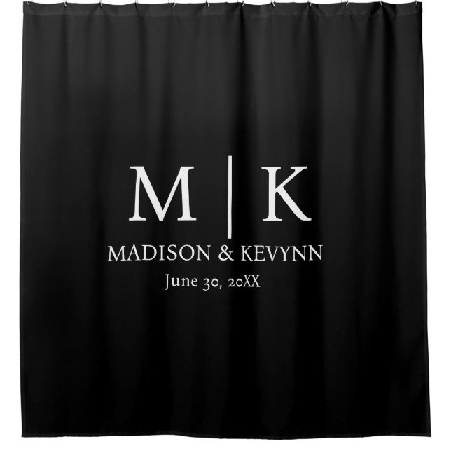 Minimal & Elegant Black & White Monogram Wedding Shower Curtain (Front)