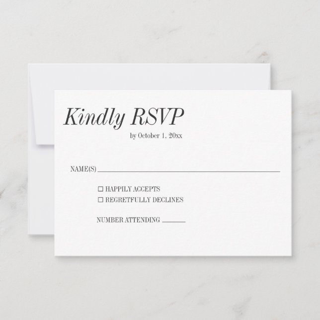 Minimal Elegant Black White Serif Classic Wedding RSVP Card (Front)