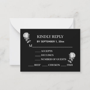 Minimal, Elegant, Black & White with Roses Reply Card