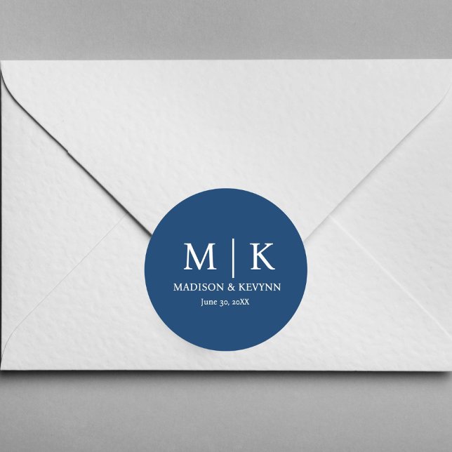 Minimal & Elegant Blue & White Monogram Wedding Classic Round Sticker (Creator Uploaded)
