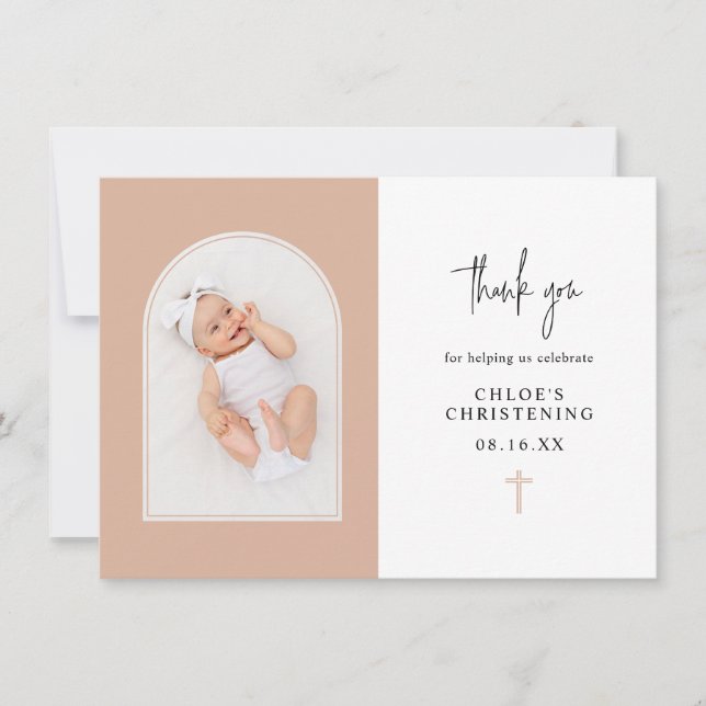 Minimal Elegant Blush Pink Arch Photo Christening  Thank You Card (Front)