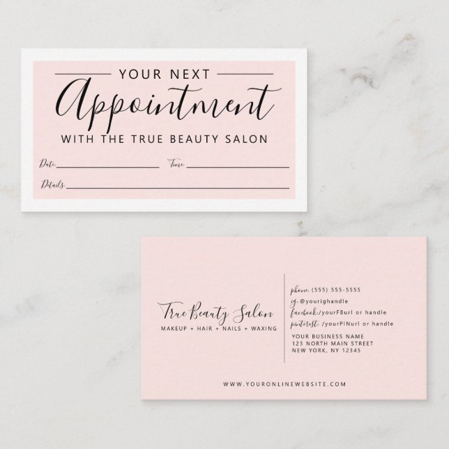 Minimal Elegant Blush Pink White Border Script Appointment Card (Front/Back)