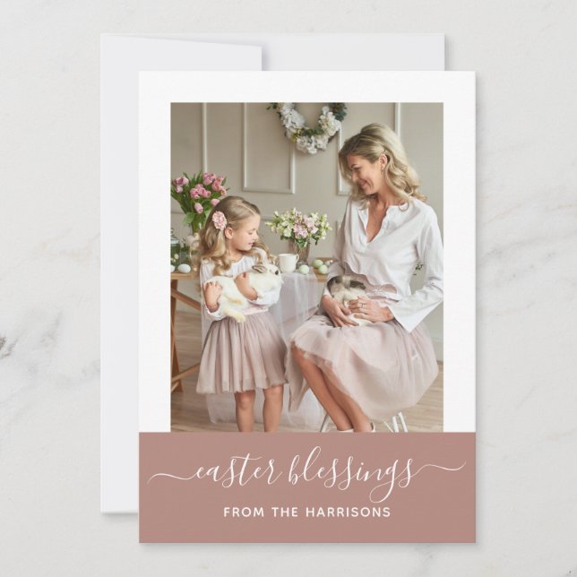 Minimal Elegant Blush Script Family Photo Easter Holiday Card (Front)