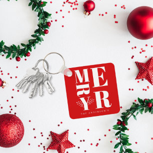 Minimal Elegant Bright Red White Merry Christmas Key Ring