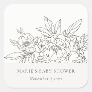 Minimal Elegant Brown Floral Sketch Baby Shower Square Sticker