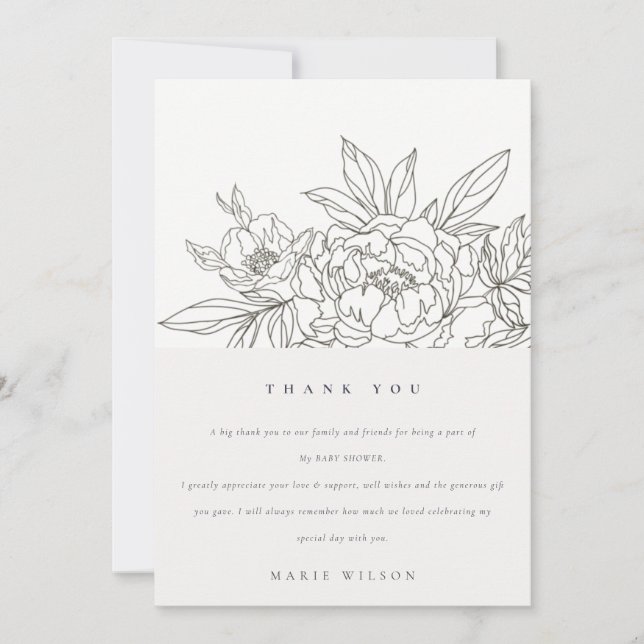 Minimal Elegant Brown Floral Sketch Baby Shower Thank You Card (Front)
