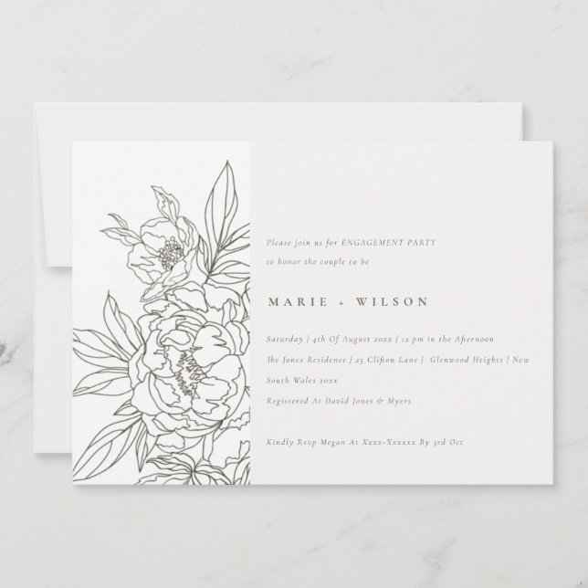Minimal Elegant Brown Floral Sketch Engagement Invitation (Front)