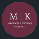Minimal & Elegant Burgundy Monogram Wedding Classic Round Sticker<br><div class="desc">These elegant,  modern wedding thank you favour stickers feature a simple black and white text design that exudes minimalist style. Add your initials or monogram to make them completely your own.</div>