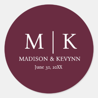 Minimal & Elegant Burgundy Monogram Wedding Classic Round Sticker
