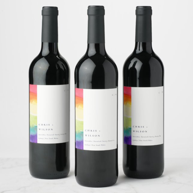 Minimal Elegant Colourful Pride Rainbow Wedding Wine Label (Bottles)