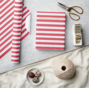 Minimal Elegant Coral Pink Red White Stripes Wrapping Paper