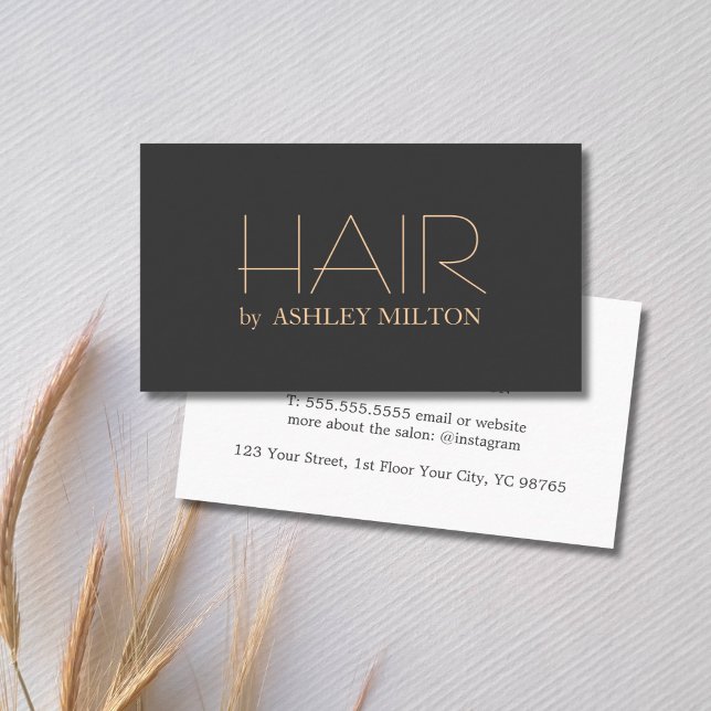 Minimal Elegant Dark Grey Peach Bold Hairstylist Business Card (Creator Uploaded)