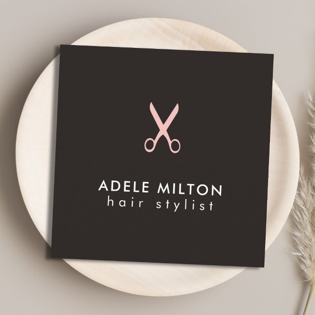 Minimal Elegant Dark Pink Scissors Hairstylist Square Business Card (Creator Uploaded)
