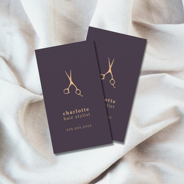 Minimal Elegant Dark Purple Faux Gold Hair Stylist Business Card (Creator Uploaded)