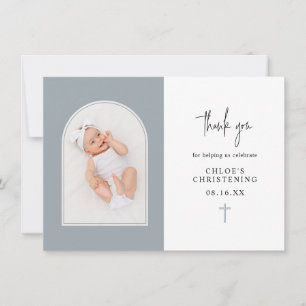 Minimal Elegant Dusty Blue Arch Photo Christening Thank You Card