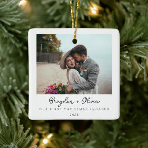 Minimal Elegant Engagement Christmas Photo Ceramic Ornament