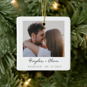 Minimal Elegant Engagement Photo Christmas Ceramic Ornament