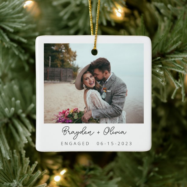 Minimal Elegant Engagement Photo Christmas Ceramic Ornament (Tree)