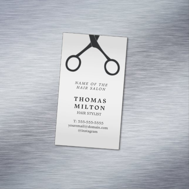 Minimal Elegant Faux Silver Black Hair Stylist Magnetic Business Card (In Situ)