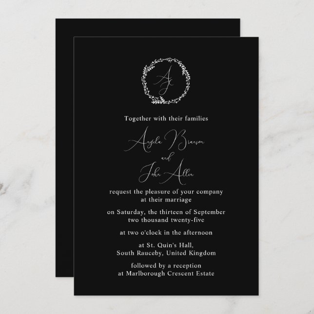 Minimal Elegant Floral Botanical Monograms Wreath Invitation (Front/Back)
