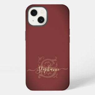 Minimal Elegant Floral Red & Gold S Name Monogram  iPhone 13 Case
