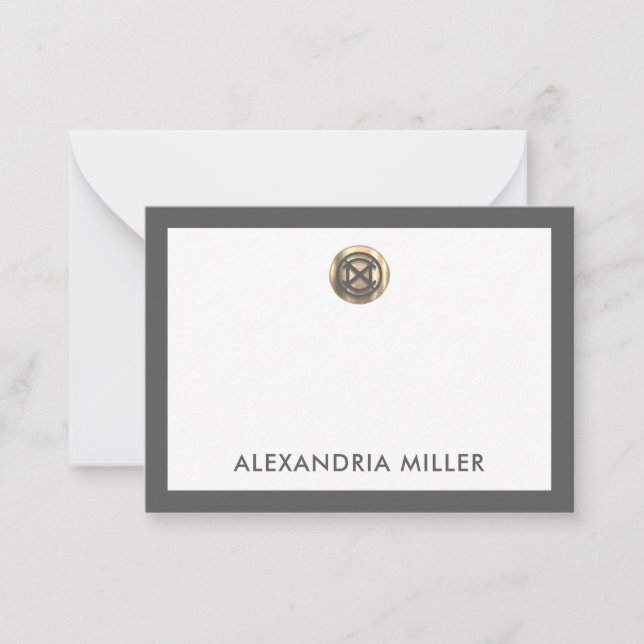 Minimal Elegant Gold Emblem Name White Grey Card (Front)