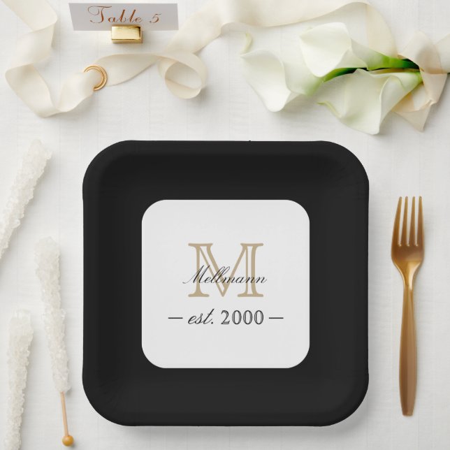 Minimal Elegant Gold Monogram Family Year Est. Paper Plate (Wedding)