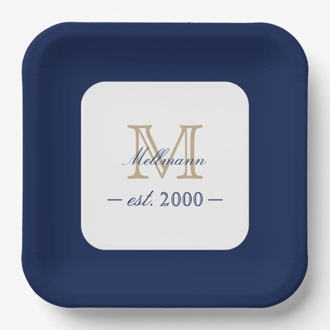 Minimal Elegant Gold Monogram Family Year Est. Paper Plate (Front)