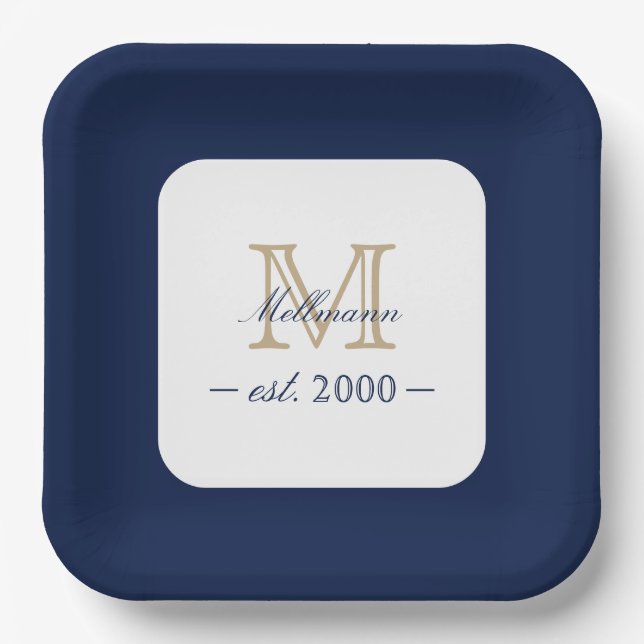 Minimal Elegant Gold Monogram Family Year Est. Paper Plate (Front)