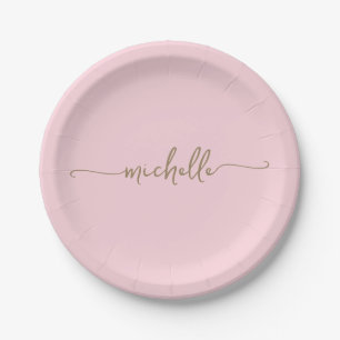 Minimal Elegant Gold Monogram Script Blush Pink  Paper Plate