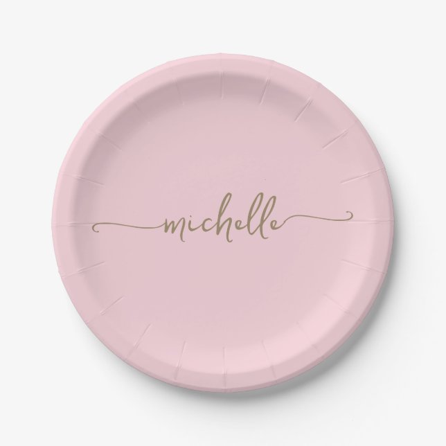 Minimal Elegant Gold Monogram Script Blush Pink  Paper Plate (Front)